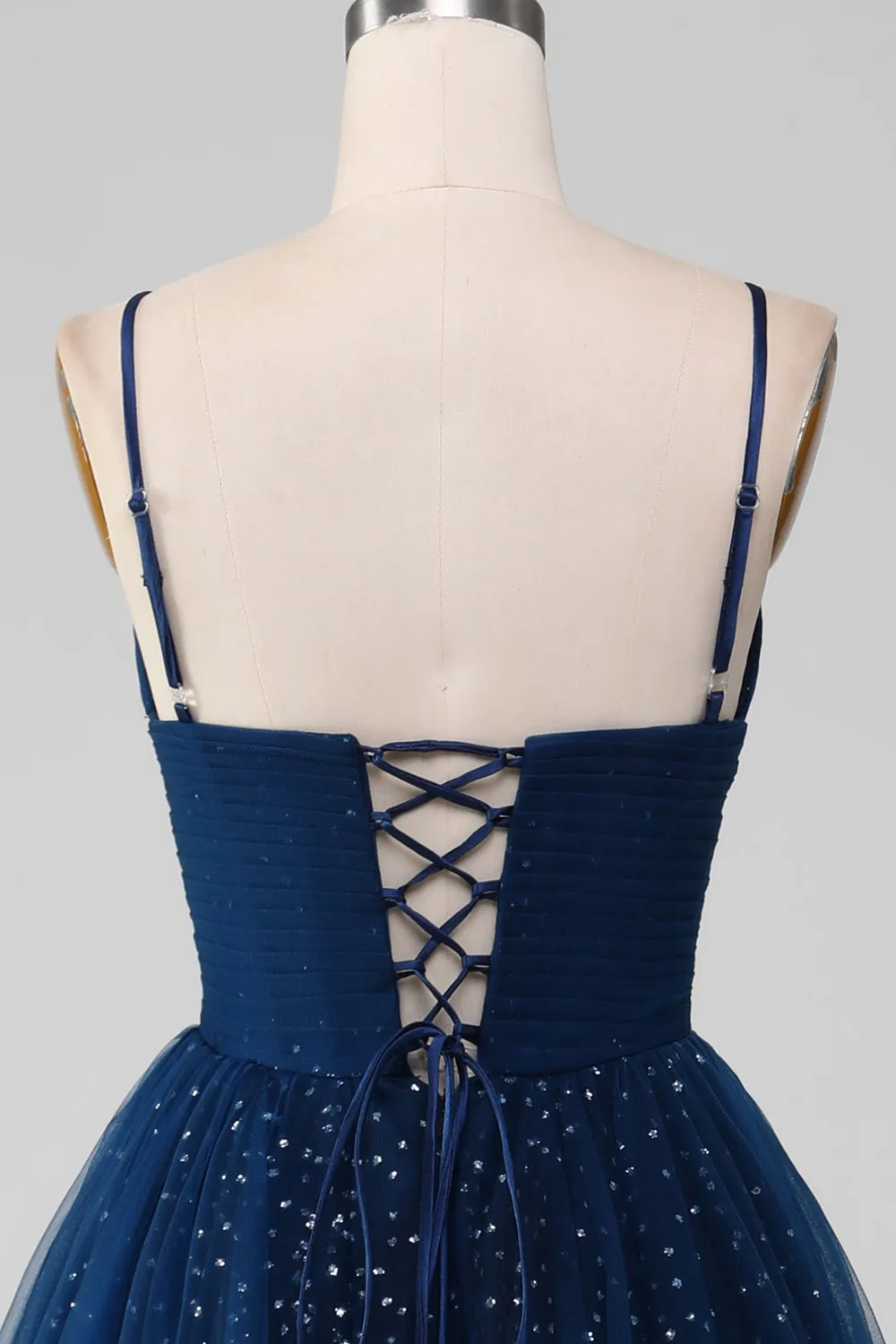 Luolandi Navy Ball-Gown Spaghetti Straps V-Neck Long Beaded Tulle Prom Dresses Sparkly
