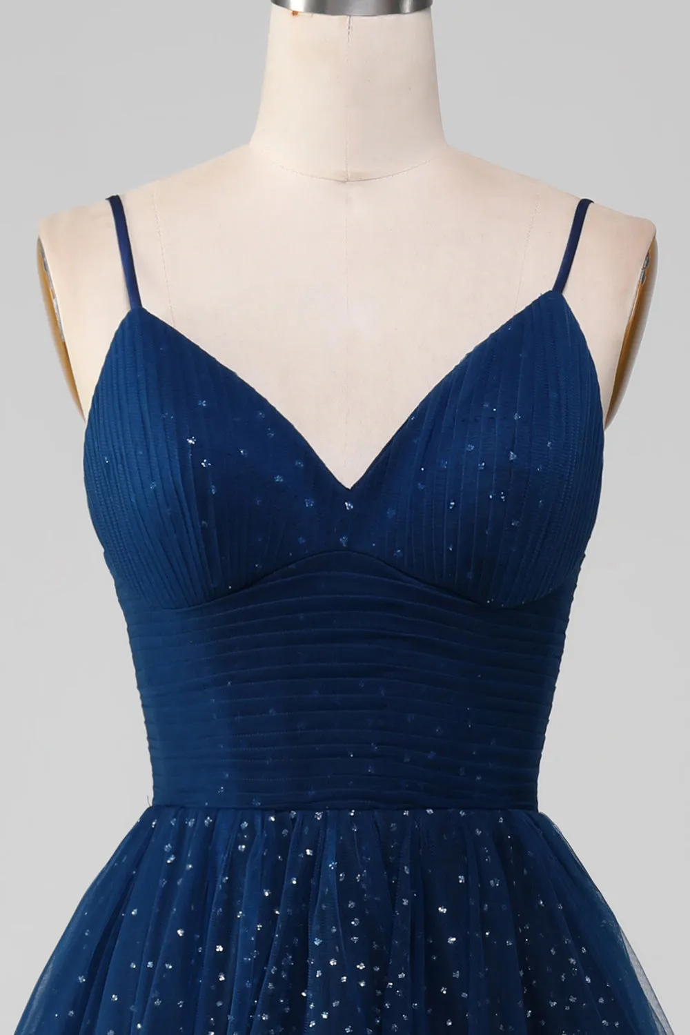 Luolandi Navy Ball-Gown Spaghetti Straps V-Neck Long Beaded Tulle Prom Dresses Sparkly