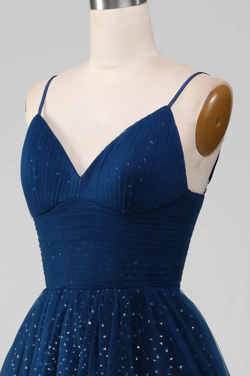 Luolandi Navy Ball-Gown Spaghetti Straps V-Neck Long Beaded Tulle Prom Dresses Sparkly