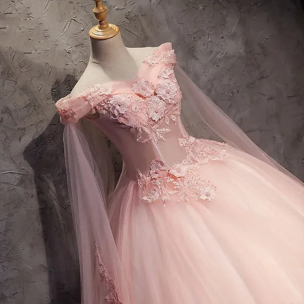 Luolandi Pink Long Tulle with Lace Applique Ball Gown Sweet 16 Dresses Formal Dresses Elegant Prom Dress