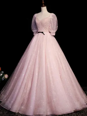 Luolandi Pink Tulle Short Sleeves Ball Gown Long Formal Dresses Evening Dresses A Line Prom Dresses