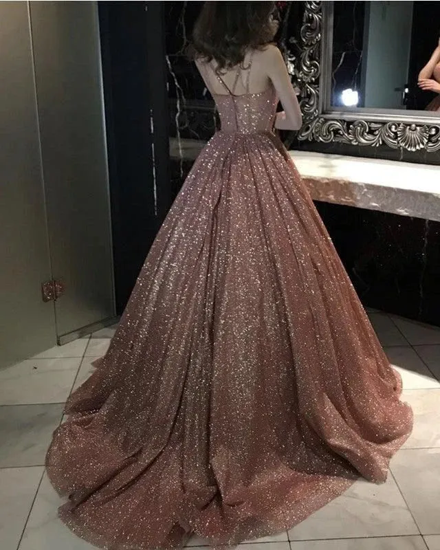Luolandi Rose Gold Sparkly Ball Gown Dresses Cross Neck Prom Dress A Line Floor Length Charming Evening Dress