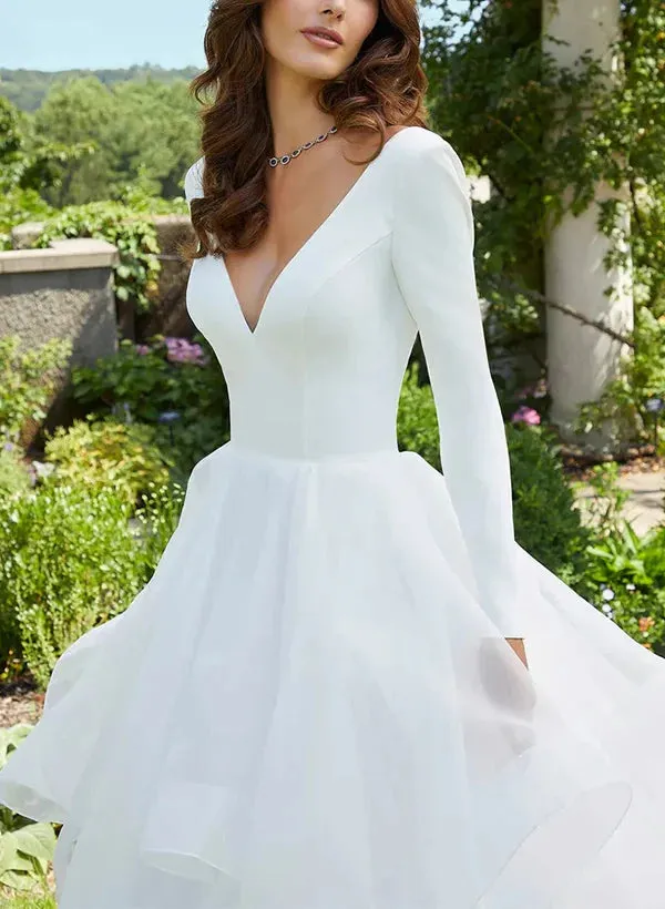 Luolandi V-Neck Ball-Gown Wedding Dresses With Long Sleeves And Cascading Ruffles In Satin/Organza White