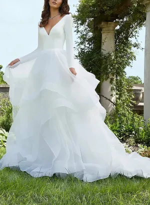 Luolandi V-Neck Ball-Gown Wedding Dresses With Long Sleeves And Cascading Ruffles In Satin/Organza White