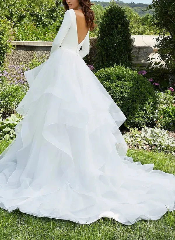 Luolandi V-Neck Ball-Gown Wedding Dresses With Long Sleeves And Cascading Ruffles In Satin/Organza White