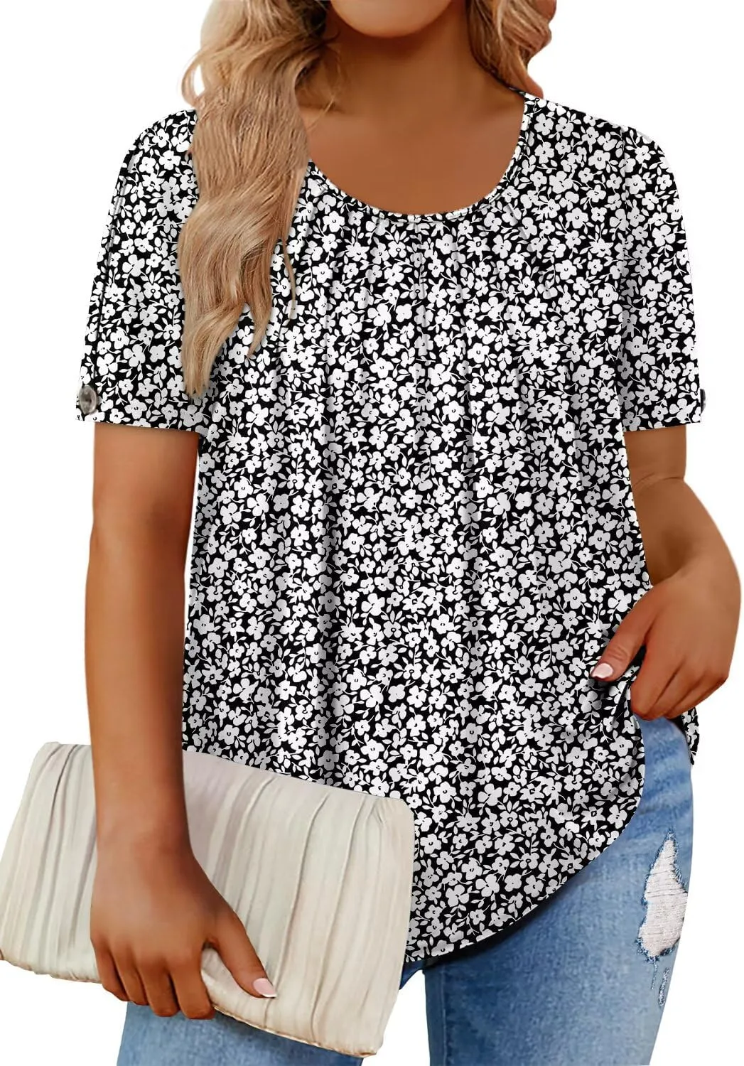 Magritta Womens Plus Size Tops Flowy Summer Blouses Short Sleeve Shirts Pleated Dressy Tunic Tops