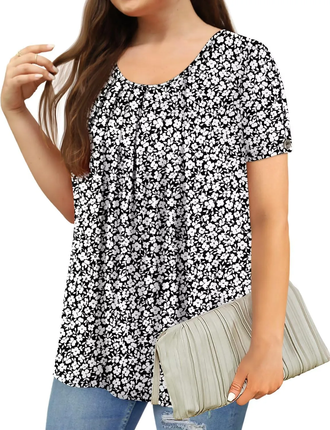 Magritta Womens Plus Size Tops Flowy Summer Blouses Short Sleeve Shirts Pleated Dressy Tunic Tops