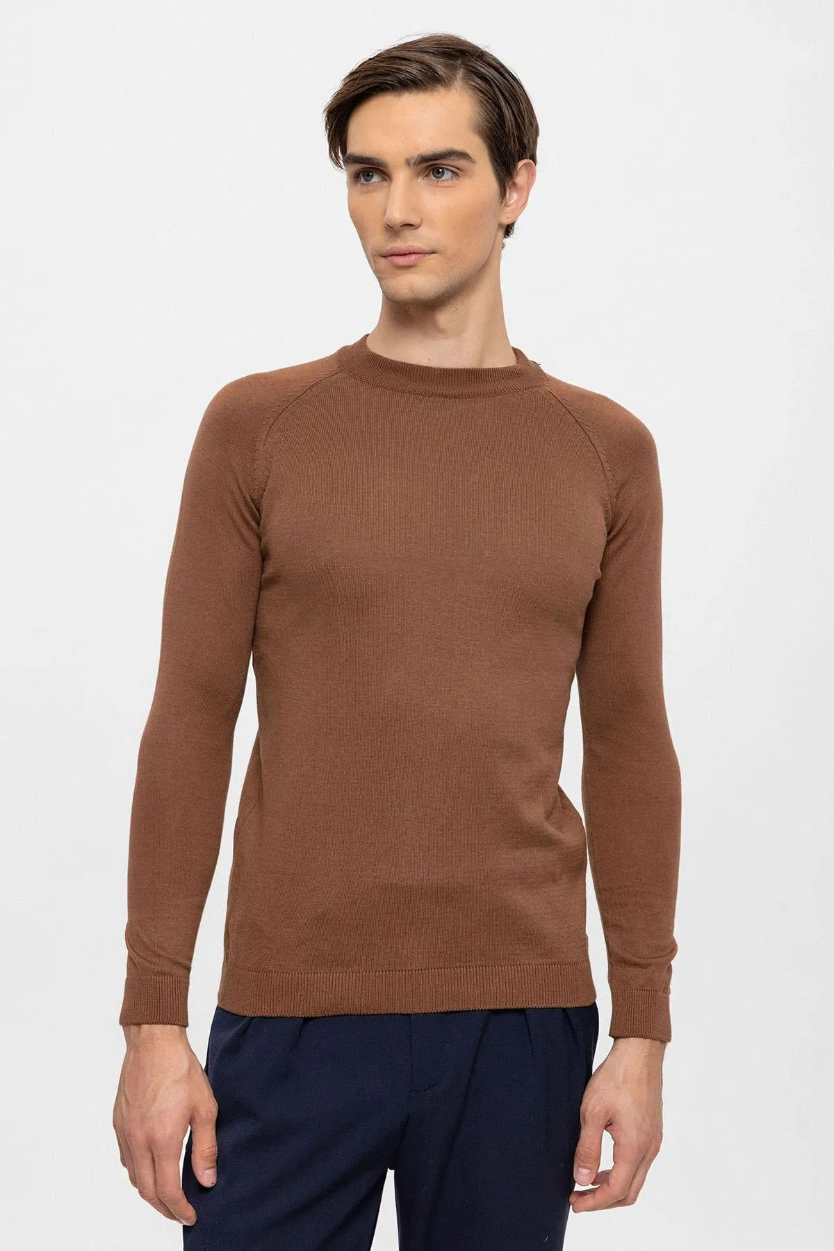 Men's Brown Crew Neck Slim Fit Knitwear Sweater - Wessi