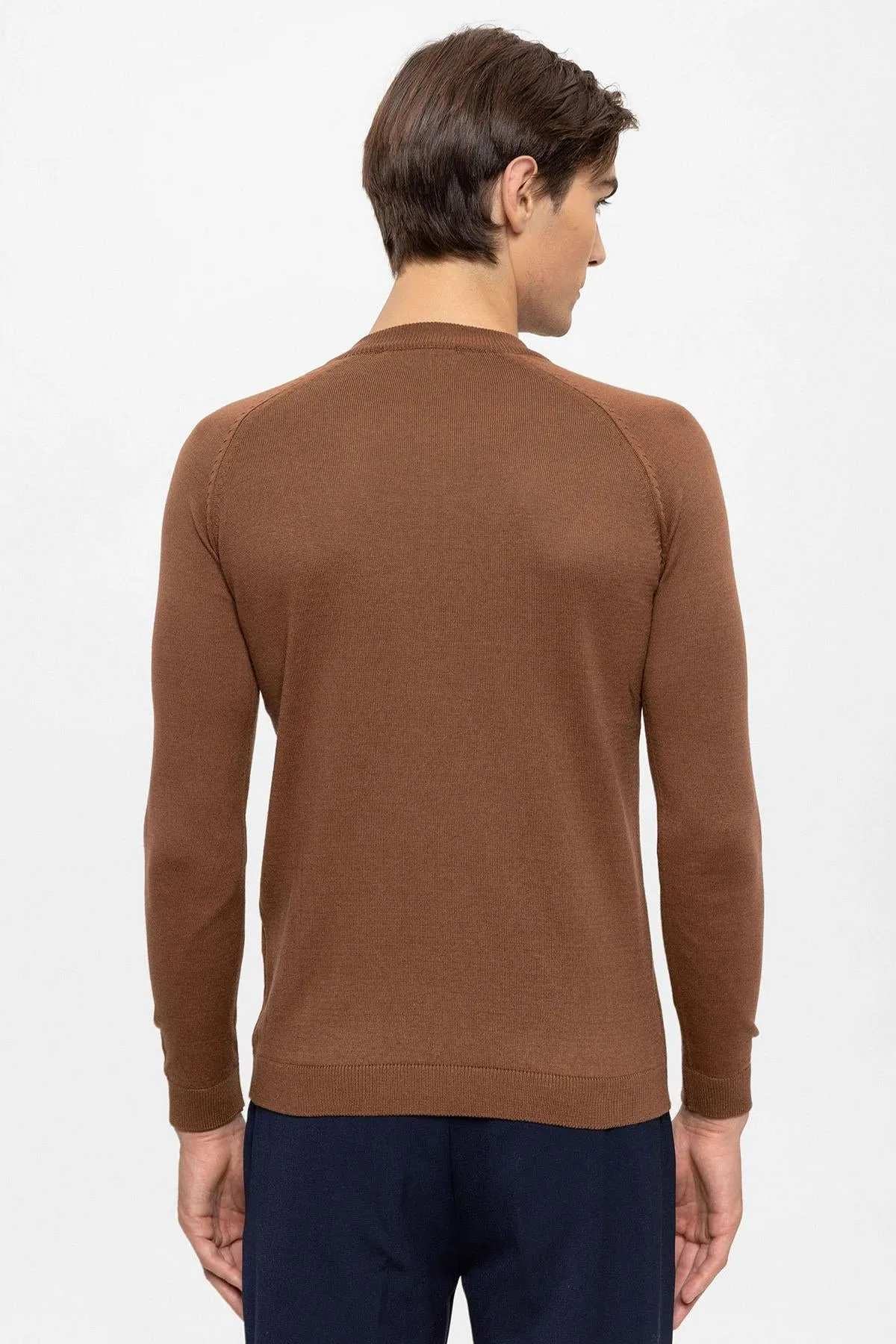 Men's Brown Crew Neck Slim Fit Knitwear Sweater - Wessi