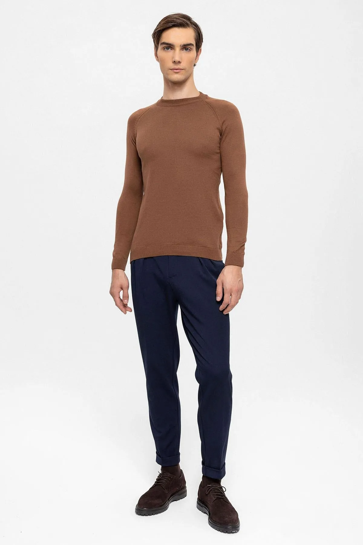 Men's Brown Crew Neck Slim Fit Knitwear Sweater - Wessi