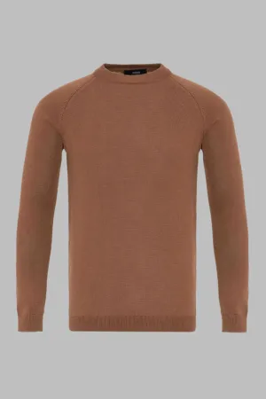 Men's Brown Crew Neck Slim Fit Knitwear Sweater - Wessi