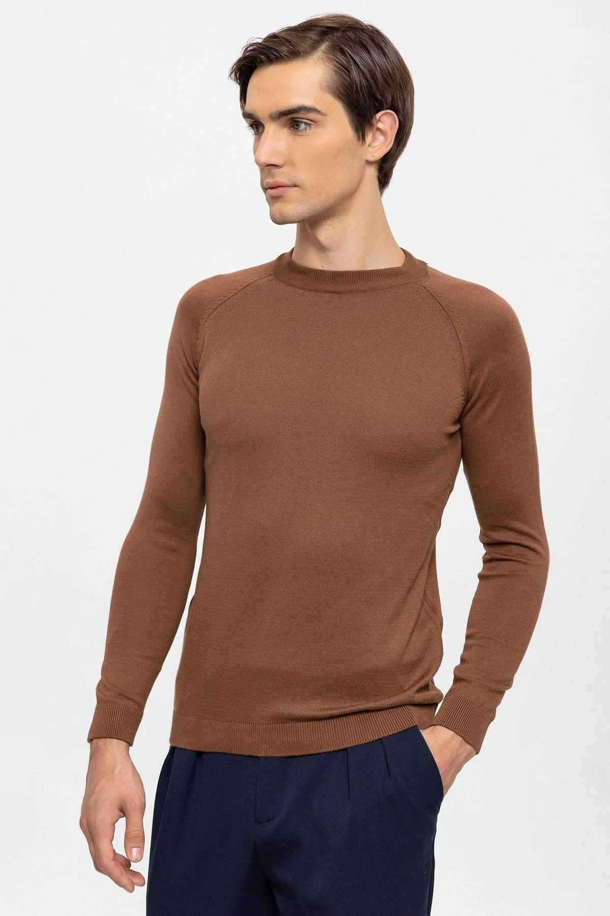 Men's Brown Crew Neck Slim Fit Knitwear Sweater - Wessi