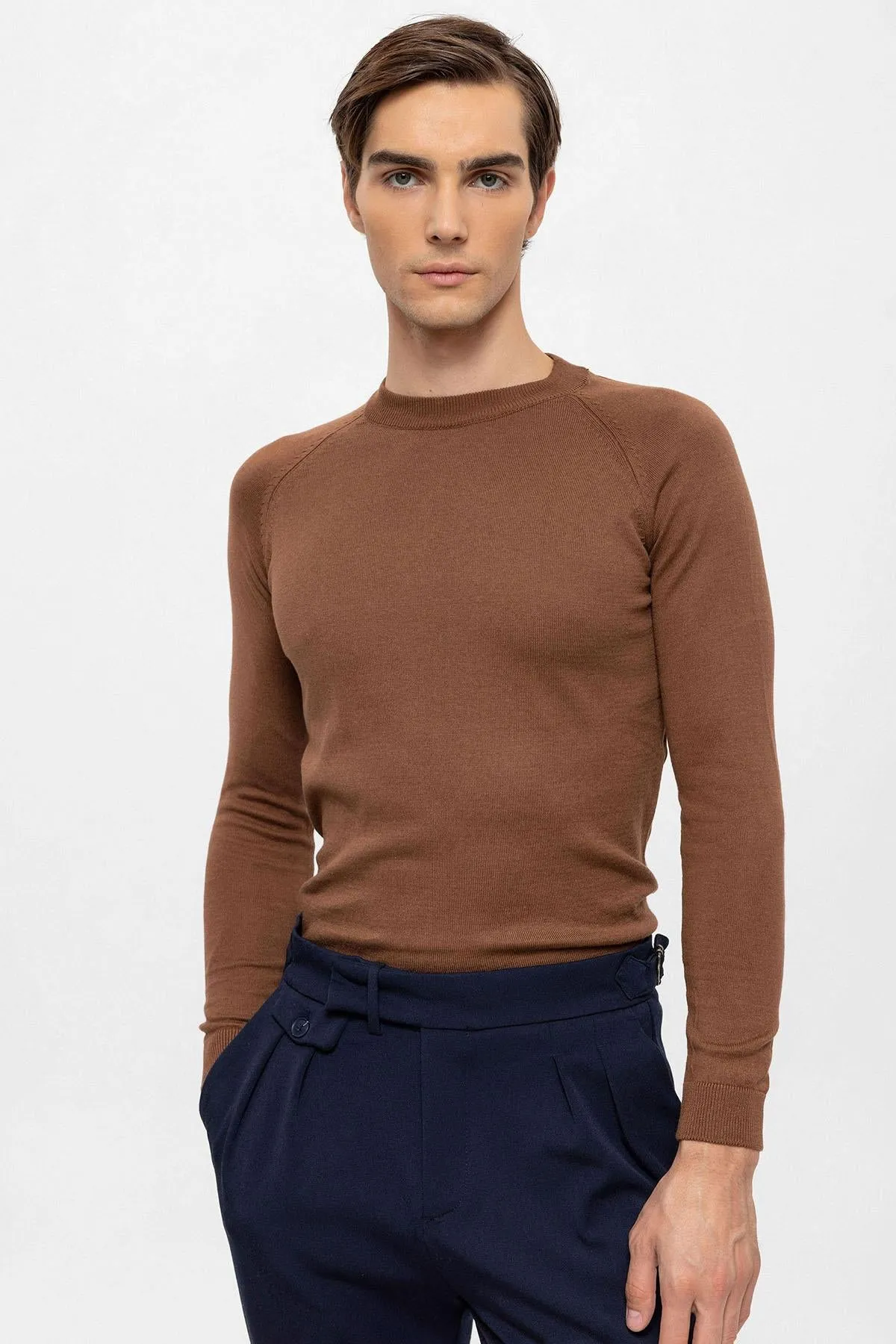 Men's Brown Crew Neck Slim Fit Knitwear Sweater - Wessi