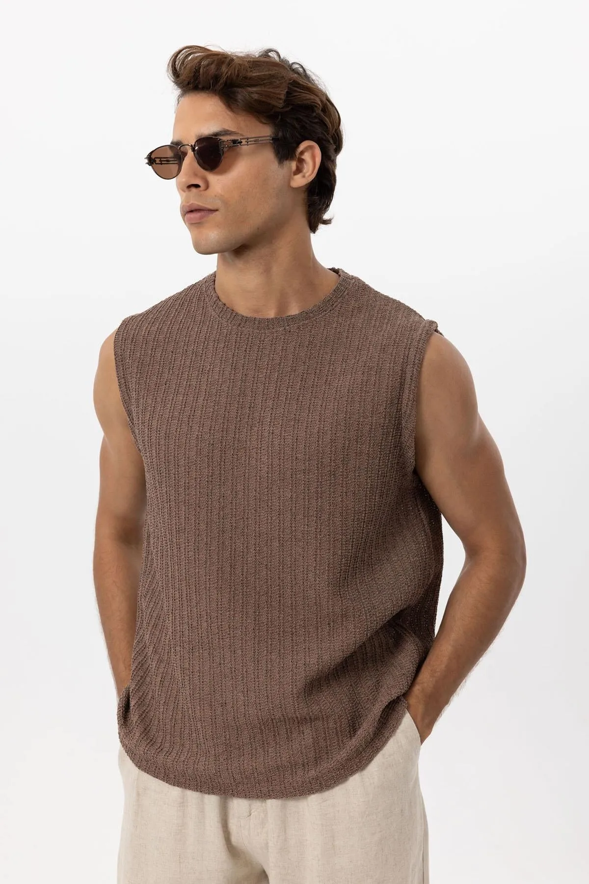 Men's Brown Textured Tank Top - Wessi
