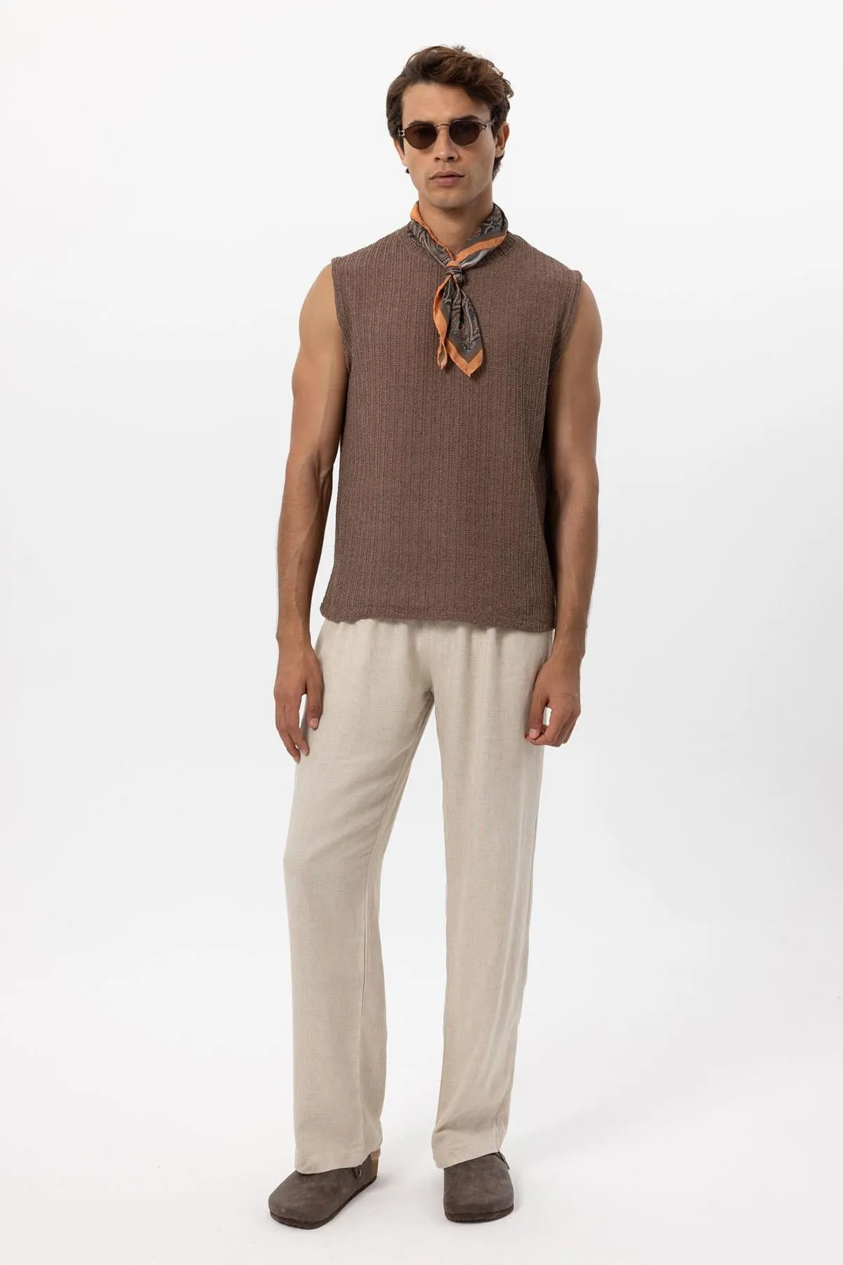 Men's Brown Textured Tank Top - Wessi