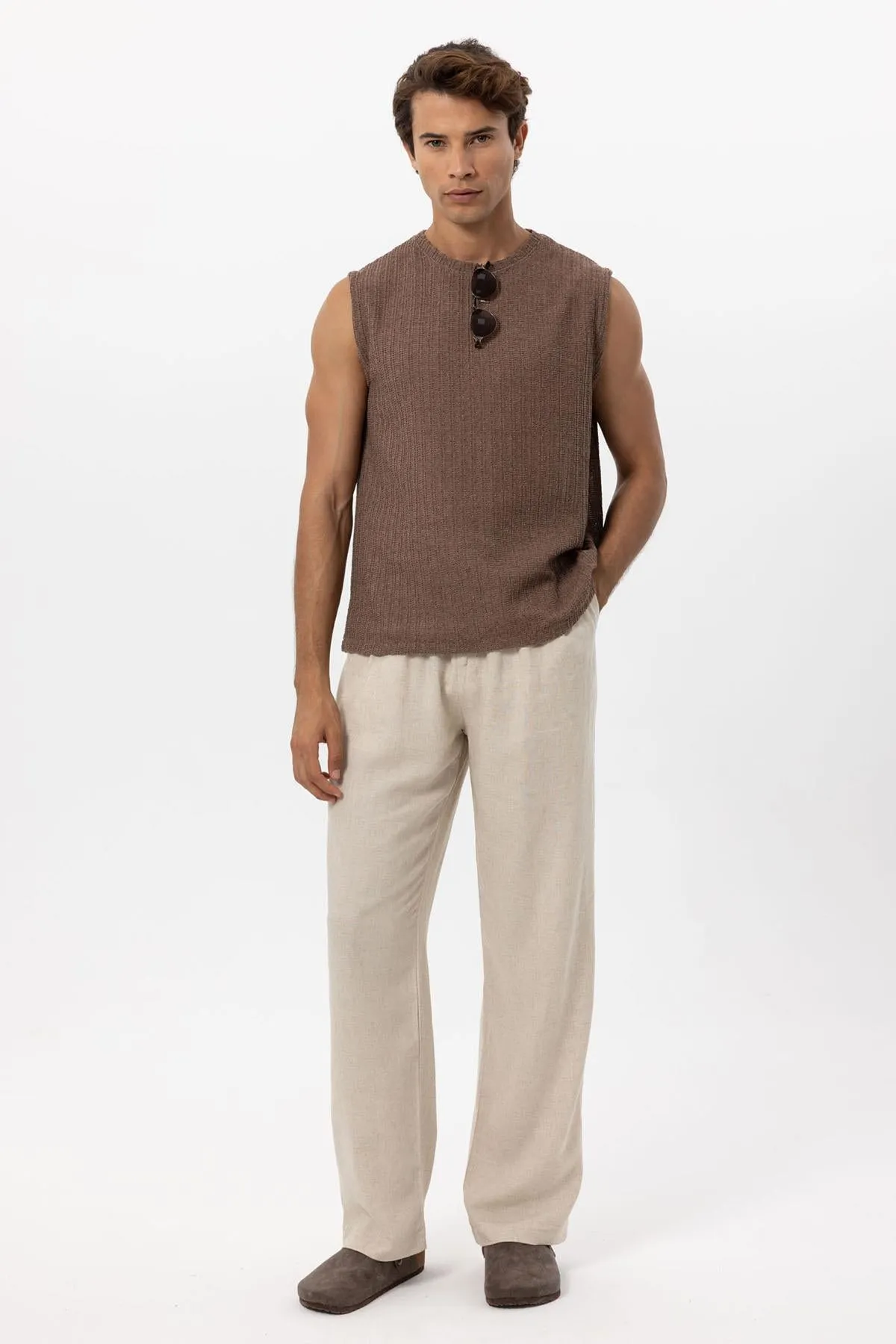 Men's Brown Textured Tank Top - Wessi