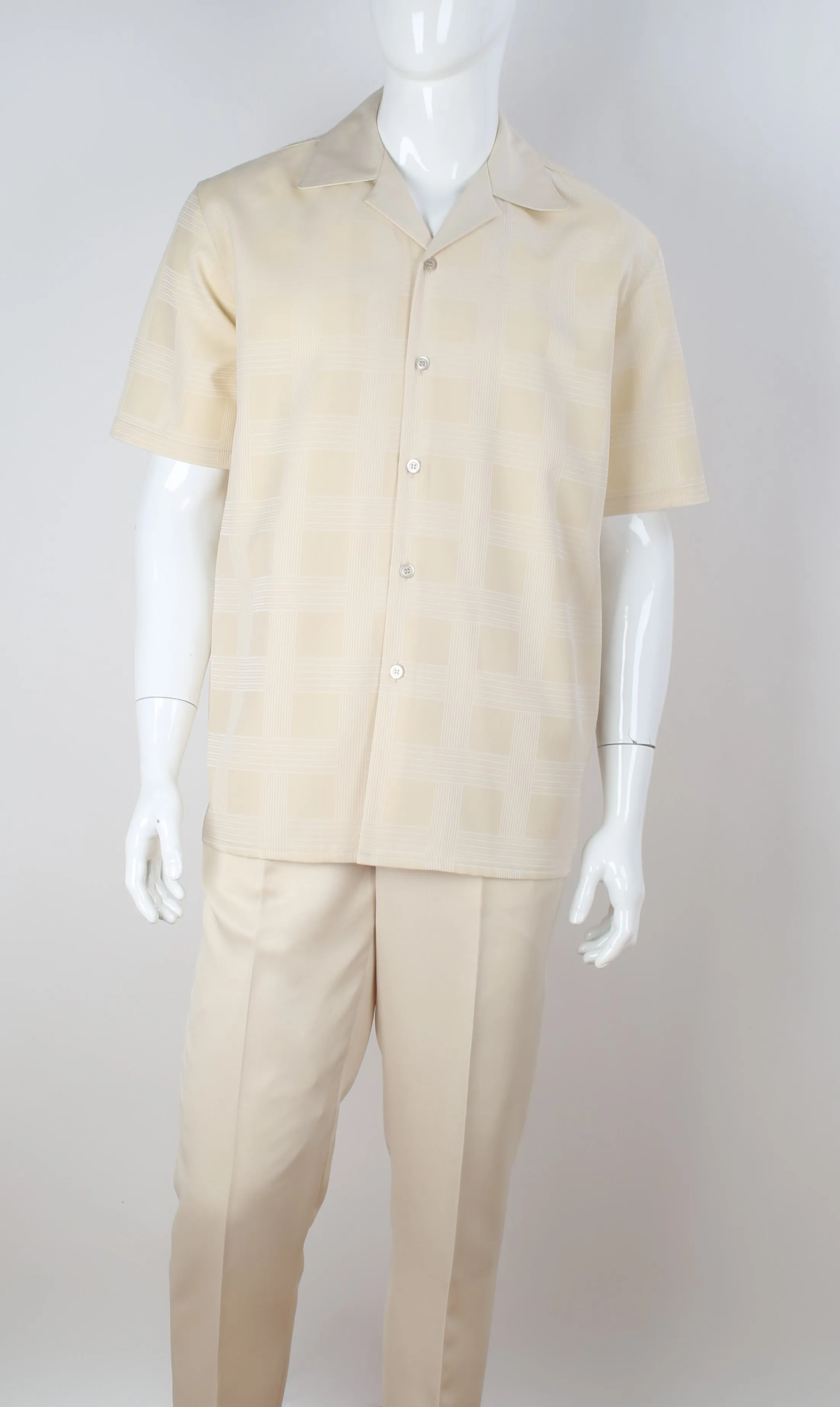 Mens Creamy Beige Subtle Plaid 2 Piece Walking Suit Leisure Suit Royal Diamond T2070