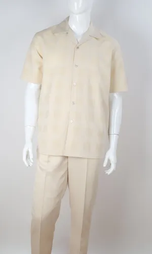 Mens Creamy Beige Subtle Plaid 2 Piece Walking Suit Leisure Suit Royal Diamond T2070