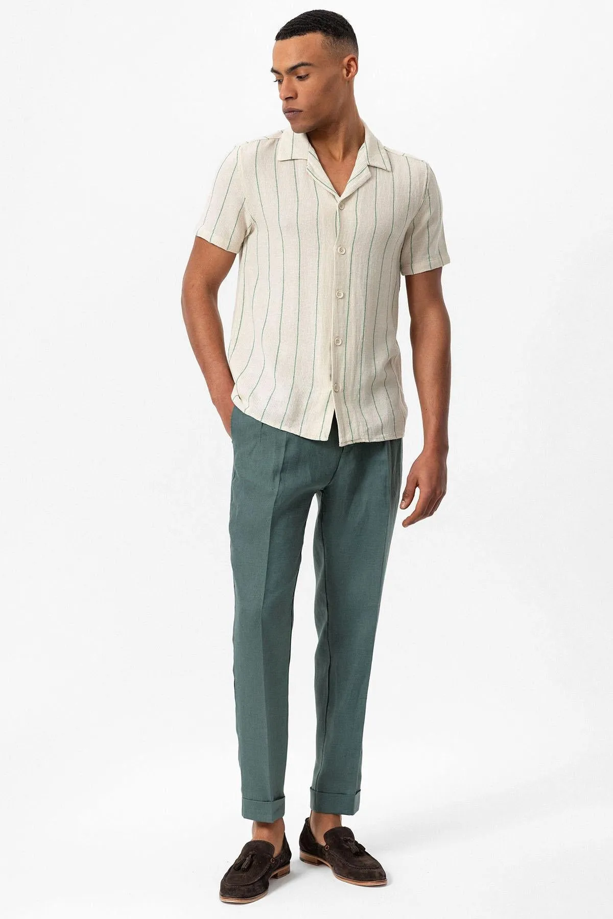 Men's Green Striped Camp Collar Short-Sleeve Linen Shirt - Wessi