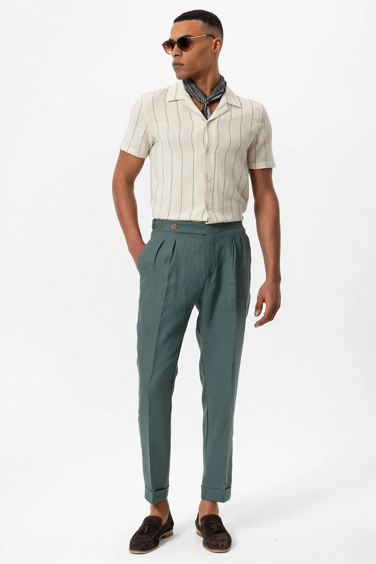 Men's Green Striped Camp Collar Short-Sleeve Linen Shirt - Wessi