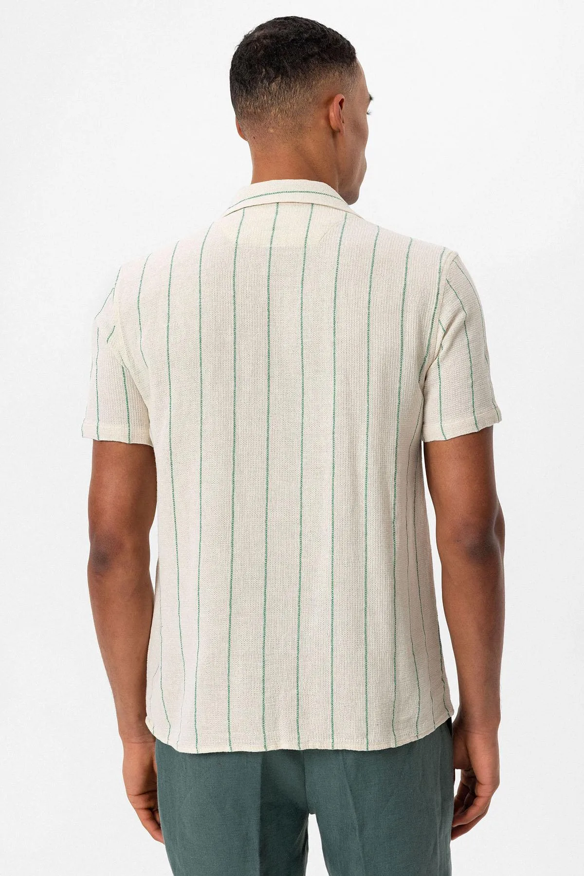 Men's Green Striped Camp Collar Short-Sleeve Linen Shirt - Wessi
