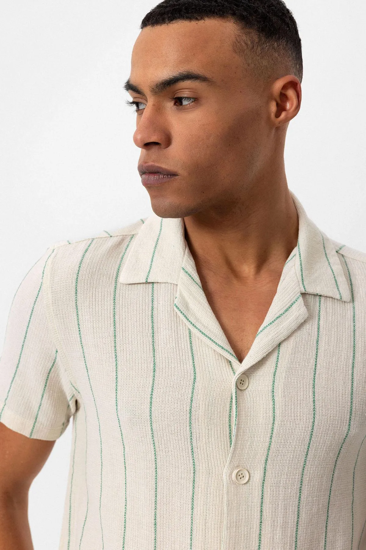 Men's Green Striped Camp Collar Short-Sleeve Linen Shirt - Wessi