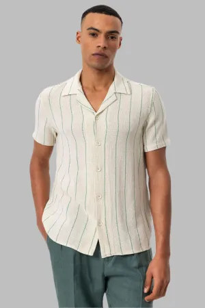 Men's Green Striped Camp Collar Short-Sleeve Linen Shirt - Wessi