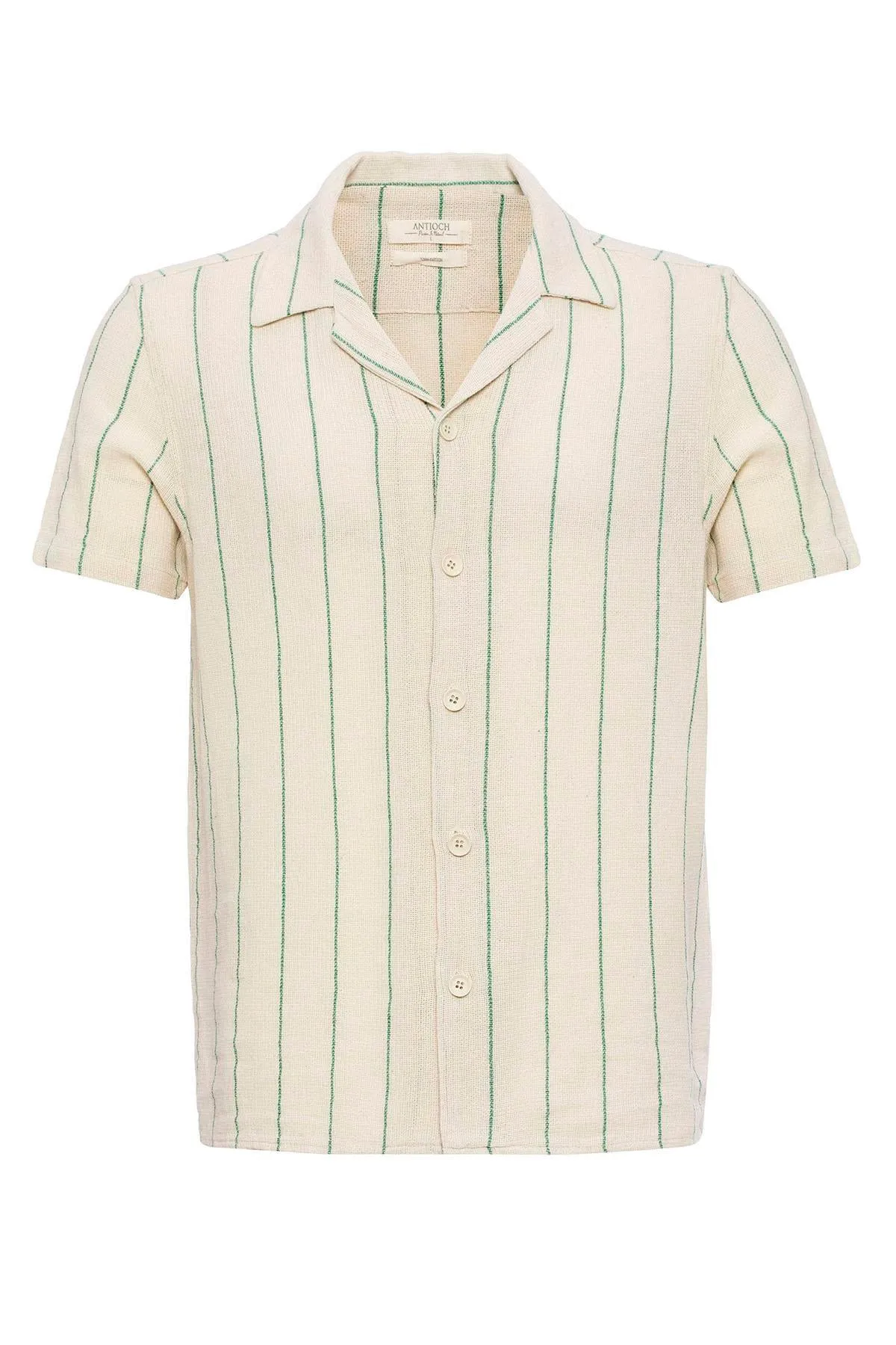 Men's Green Striped Camp Collar Short-Sleeve Linen Shirt - Wessi