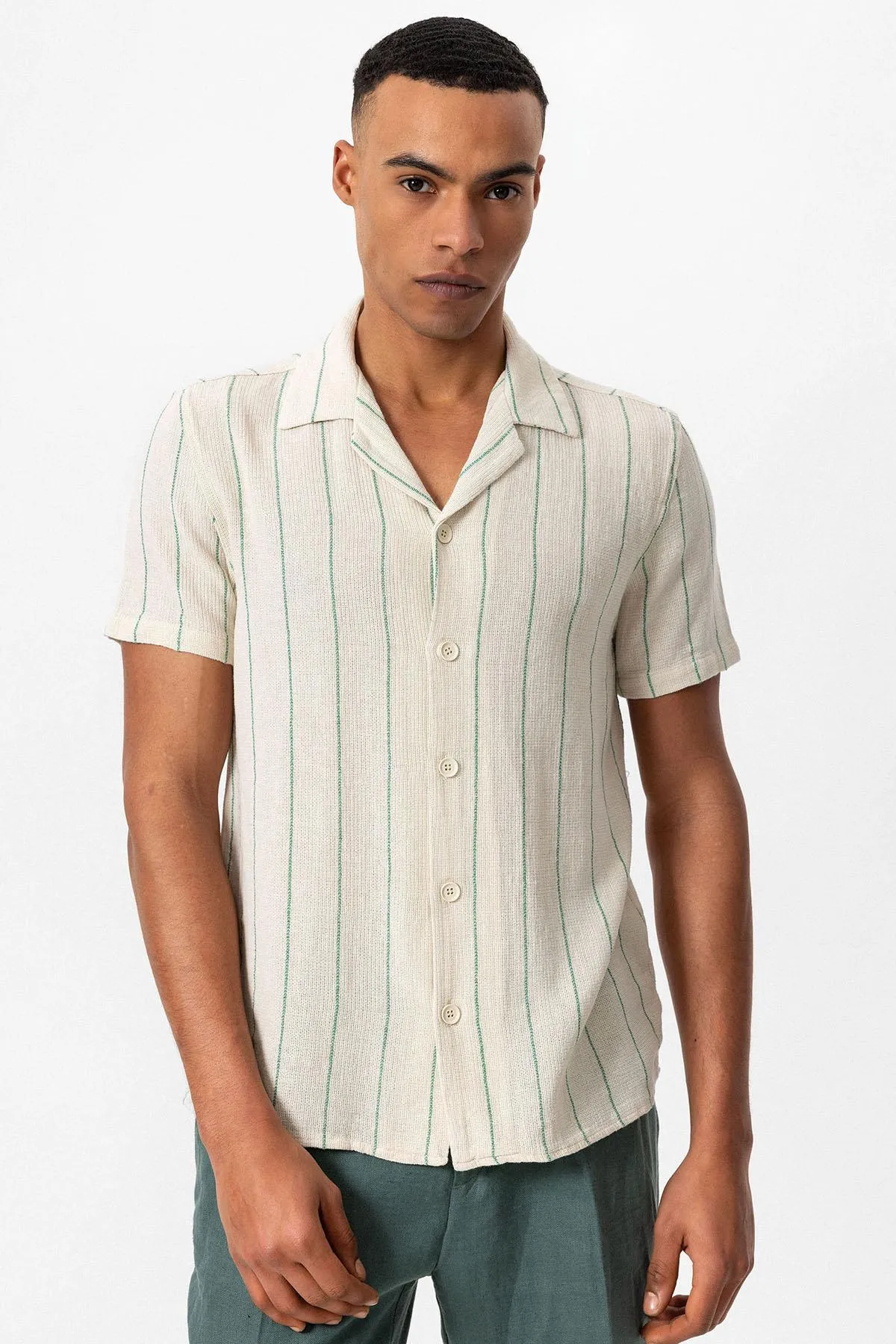 Men's Green Striped Camp Collar Short-Sleeve Linen Shirt - Wessi