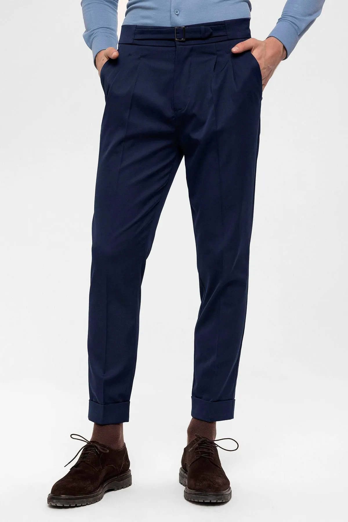 Men's Navy Blue High Waist Buckle Detailed  Trousers - Wessi