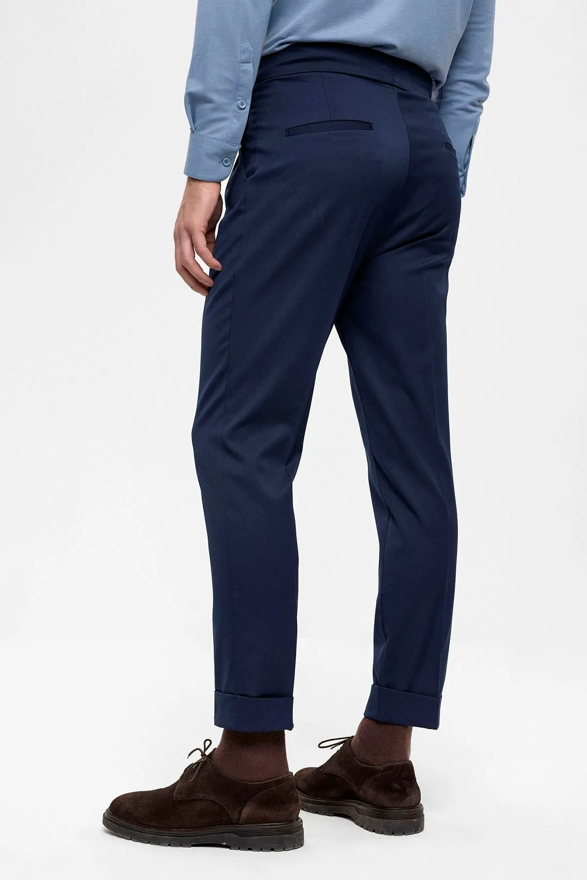 Men's Navy Blue High Waist Buckle Detailed  Trousers - Wessi