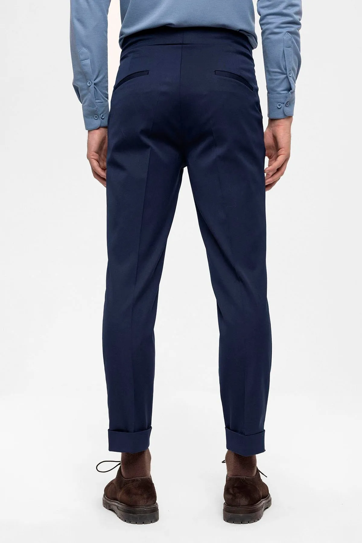 Men's Navy Blue High Waist Buckle Detailed  Trousers - Wessi