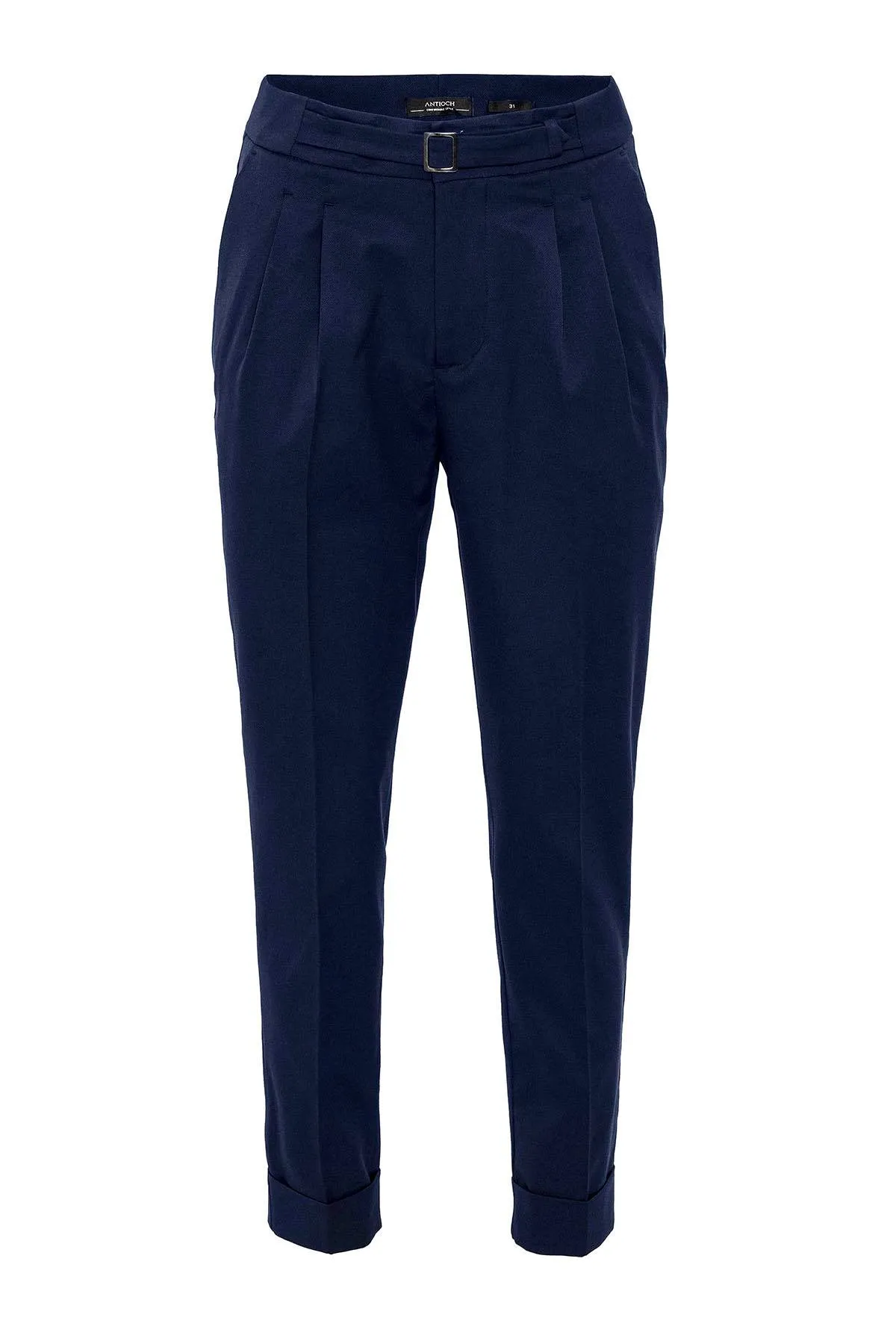 Men's Navy Blue High Waist Buckle Detailed  Trousers - Wessi