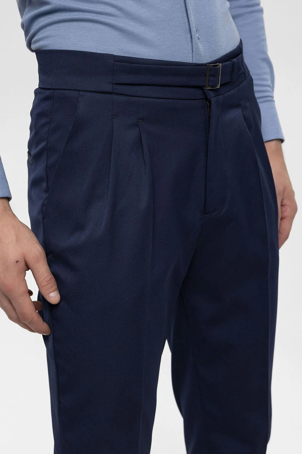 Men's Navy Blue High Waist Buckle Detailed  Trousers - Wessi