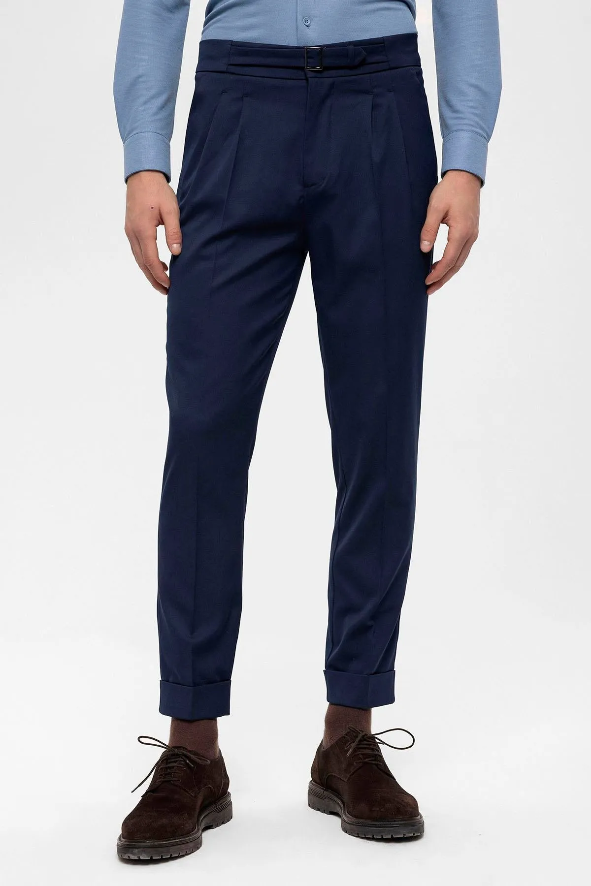 Men's Navy Blue High Waist Buckle Detailed  Trousers - Wessi