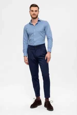 Men's Navy Blue High Waist Buckle Detailed  Trousers - Wessi