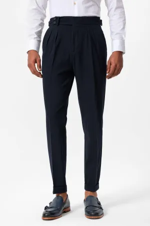 Men's Navy Blue High-Waist Pleated Textured Pants - Wessi