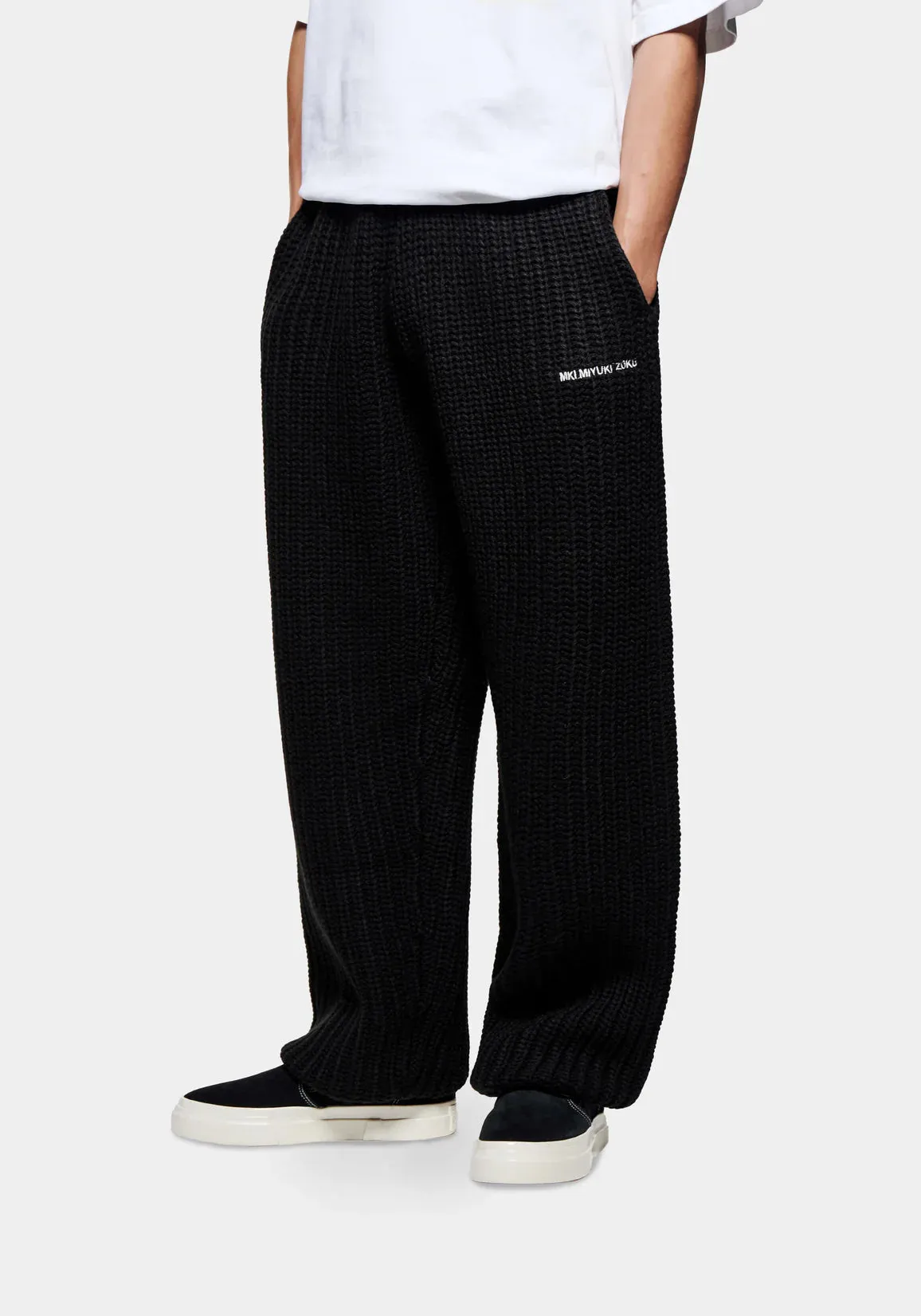 MKI MIYUKI ZOKU Chunky Rib Knit Wide Leg Joggers Black