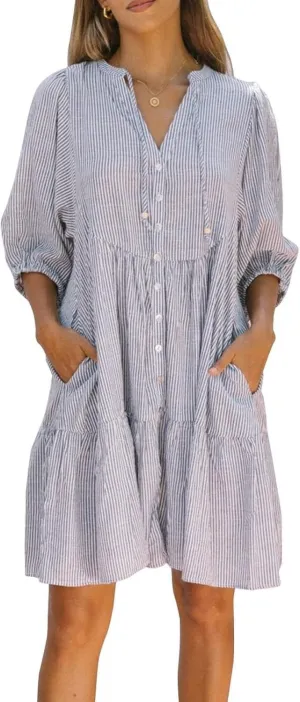 MOLERFO Women Striped Y2k Mini Shirt Dress Summer Ruffle Puff Short Sleeve Floral Print Flowy Casual Babydoll Dresses