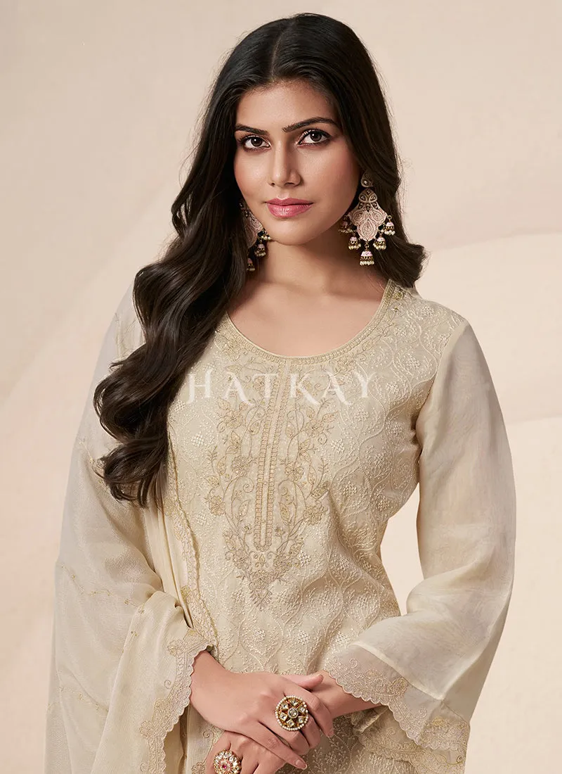 Off White Schiffli Embroidered Pakistani Palazzo Suit