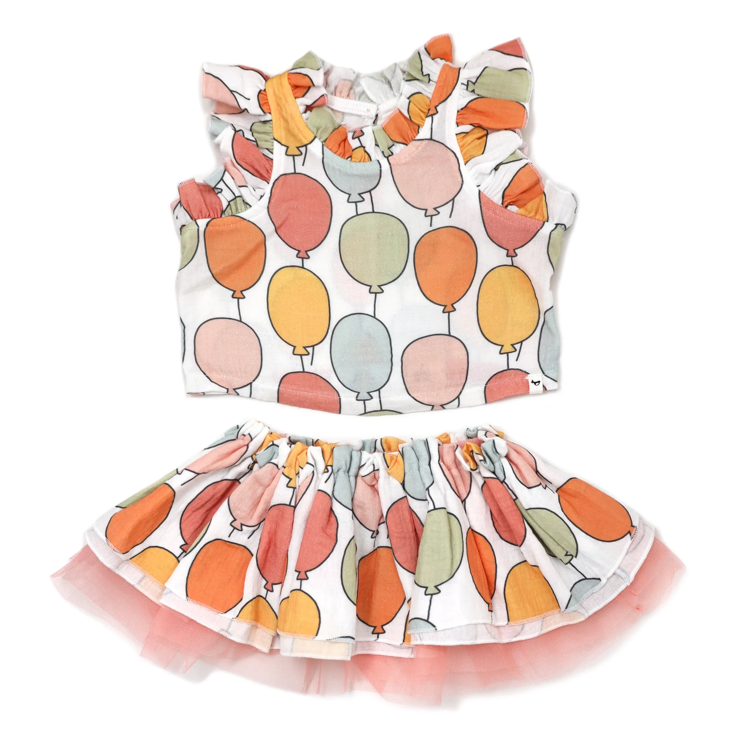 oh baby! Gauze Lola Top and Tutu Skirt Set - Birthday Balloon Print - Oyster