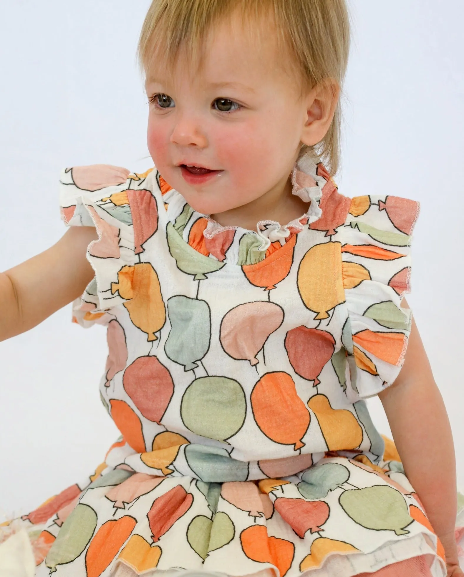 oh baby! Gauze Lola Top and Tutu Skirt Set - Birthday Balloon Print - Oyster