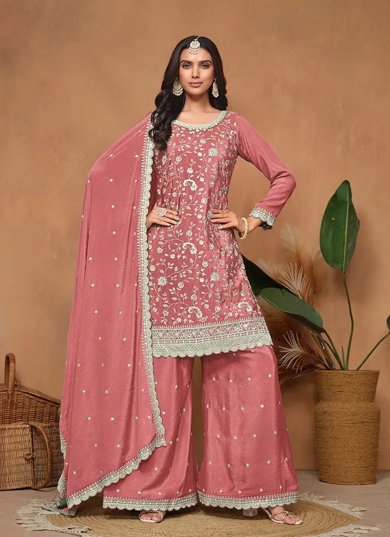 Peach Chinon Sequins Embroidered Top Palazzo Suit