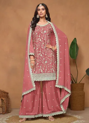 Peach Chinon Sequins Embroidered Top Palazzo Suit