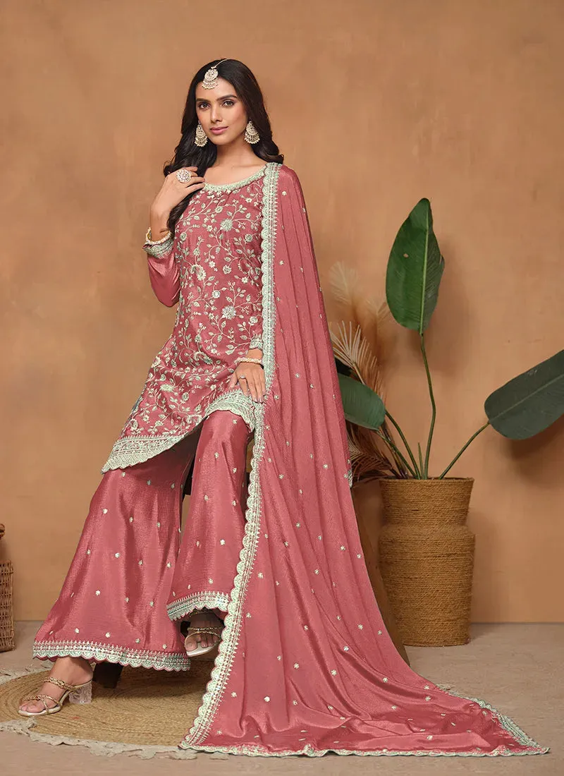 Peach Chinon Sequins Embroidered Top Palazzo Suit