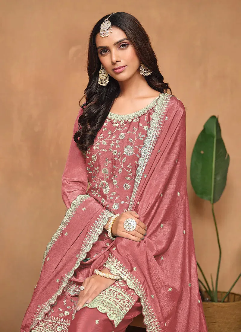 Peach Chinon Sequins Embroidered Top Palazzo Suit