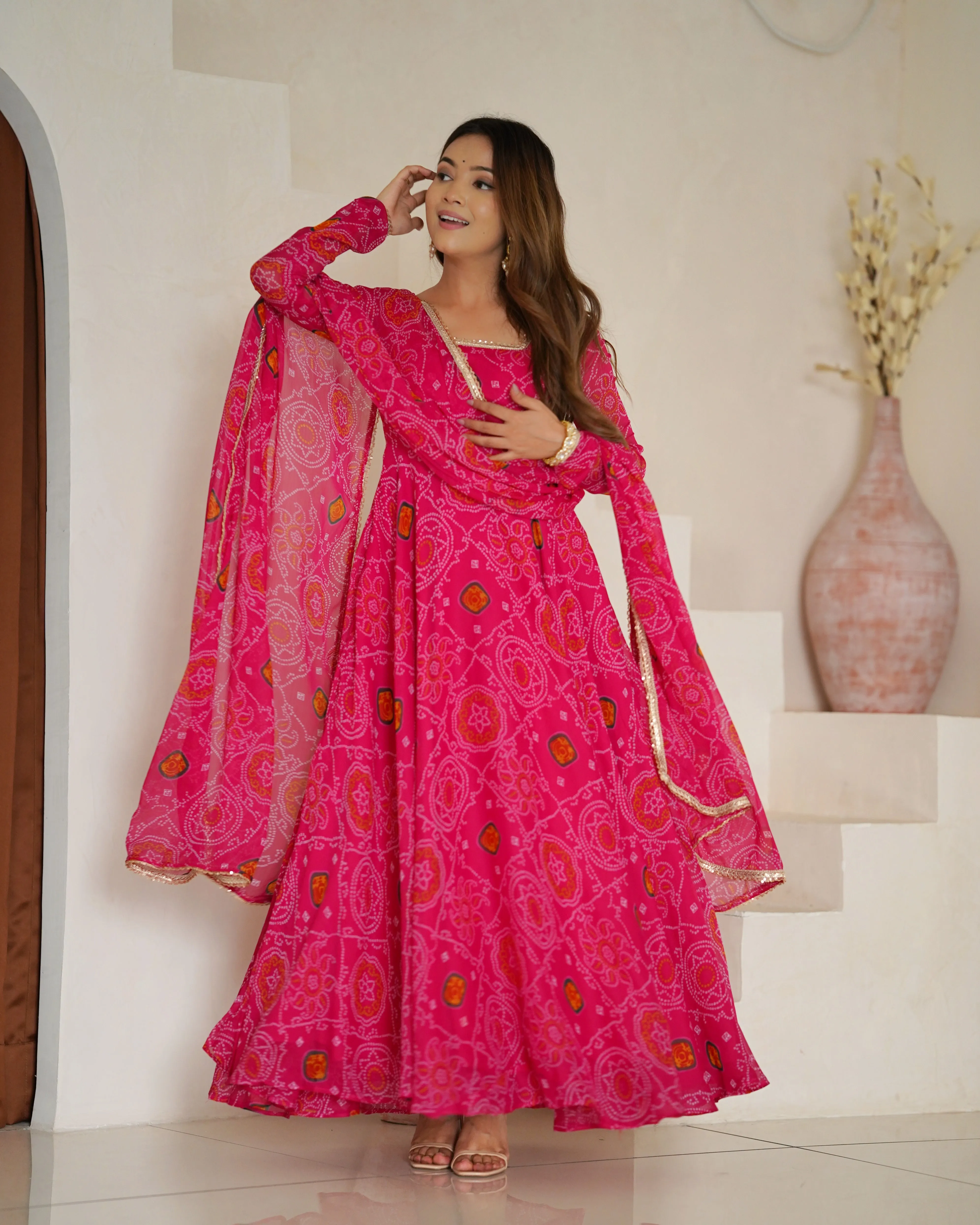 Pink Chiffon Bandhej Printed Anarkali Salwar Suit