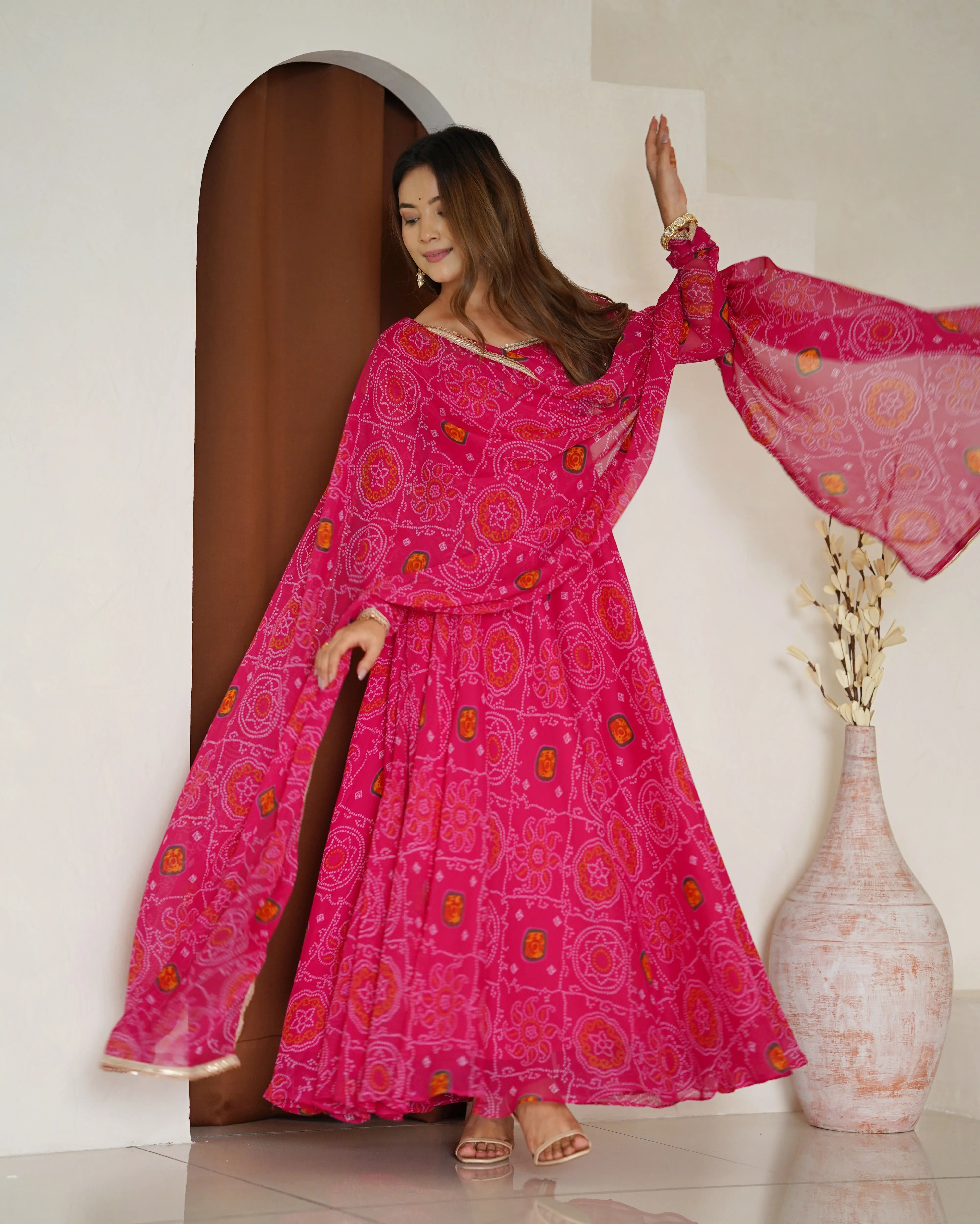 Pink Chiffon Bandhej Printed Anarkali Salwar Suit