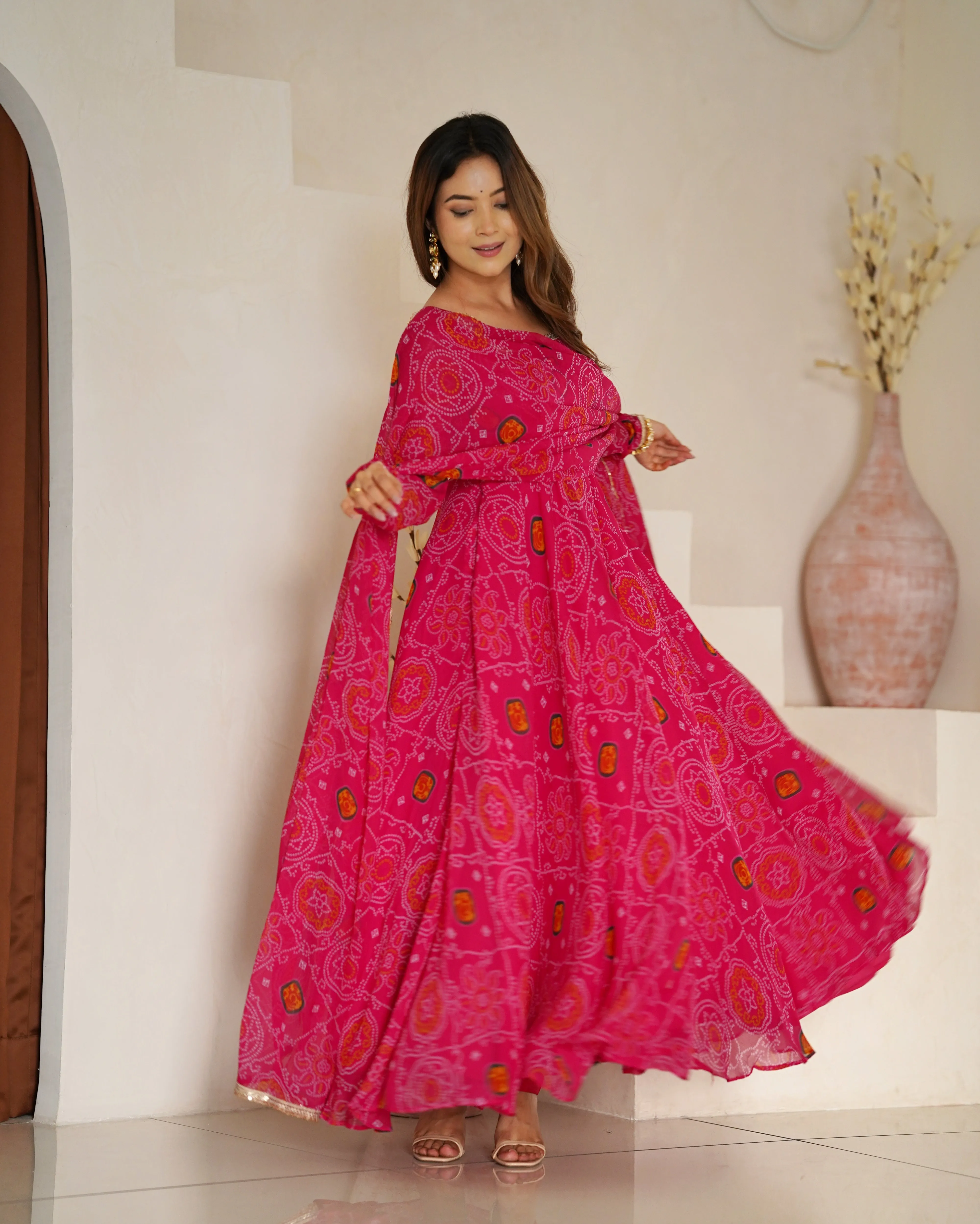 Pink Chiffon Bandhej Printed Anarkali Salwar Suit