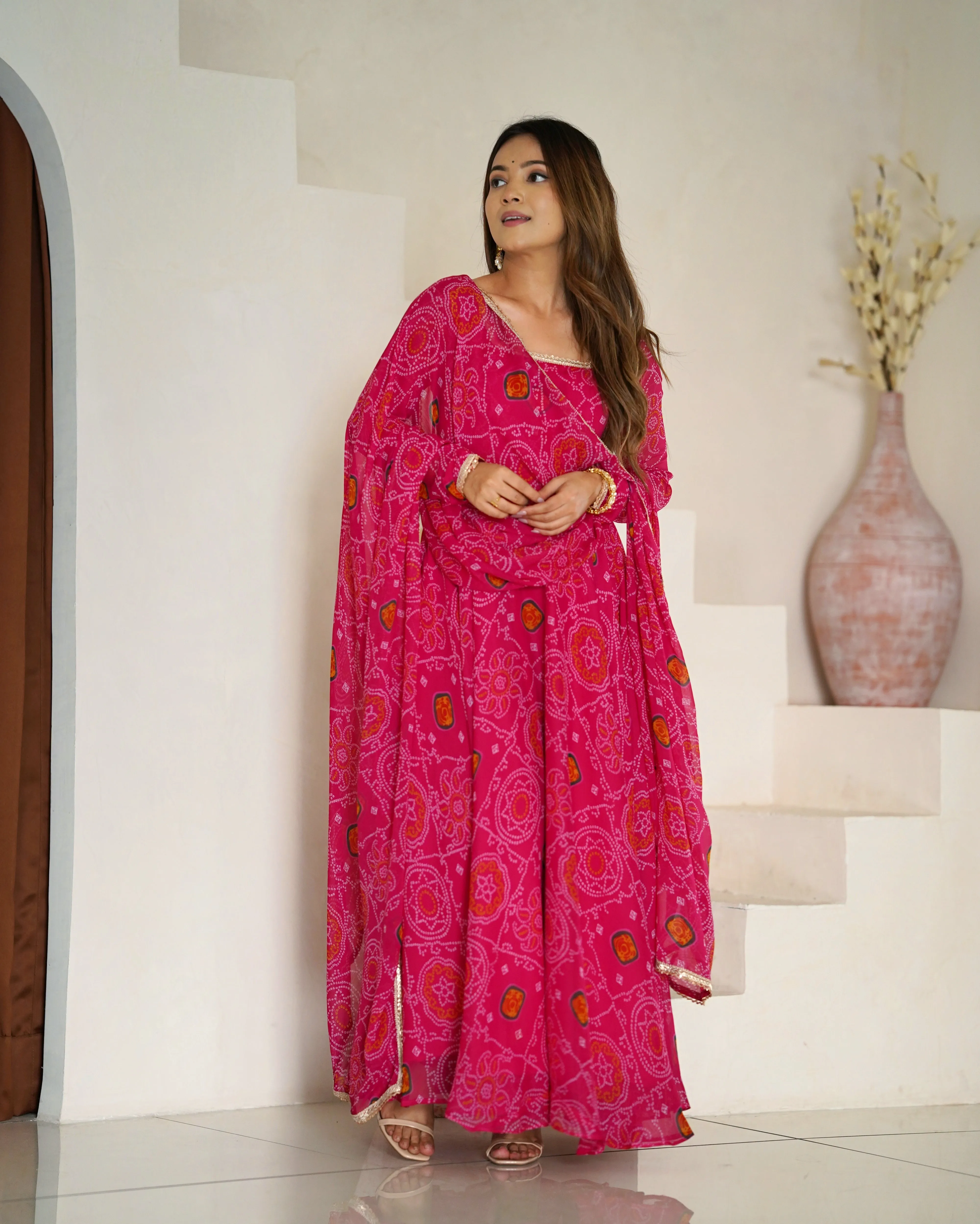 Pink Chiffon Bandhej Printed Anarkali Salwar Suit